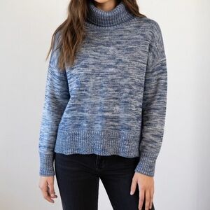 Margaret O’Leary Blue Marled Turtleneck Sweater Cotton Cozy Knit Size Small